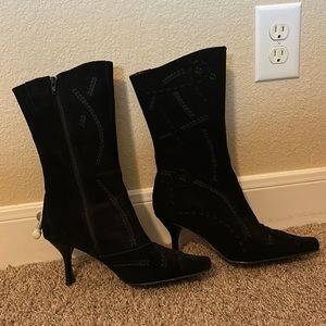 Suede embroidered mid calf boots in black - size 9.5